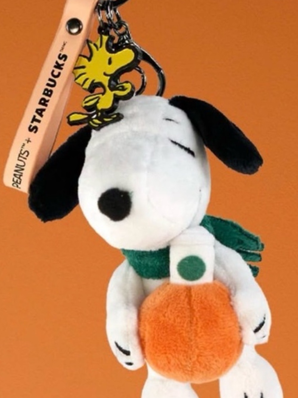 Starbucks White & Black Snoopy Plush Dog Toy with Orange pumpkin and Green Scarf